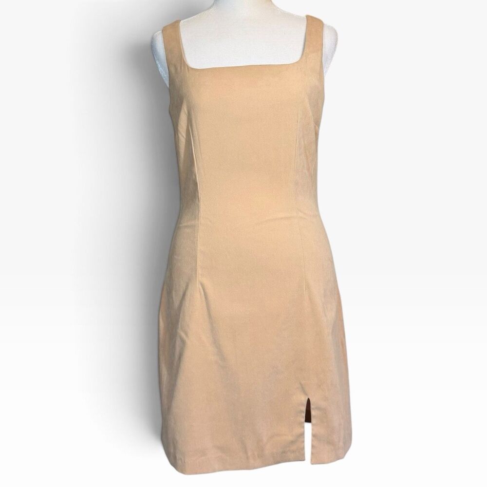 Y2K Velvet Feel Mini Dress Rampage Size 7 Tan Square Neck Front Slit 90s